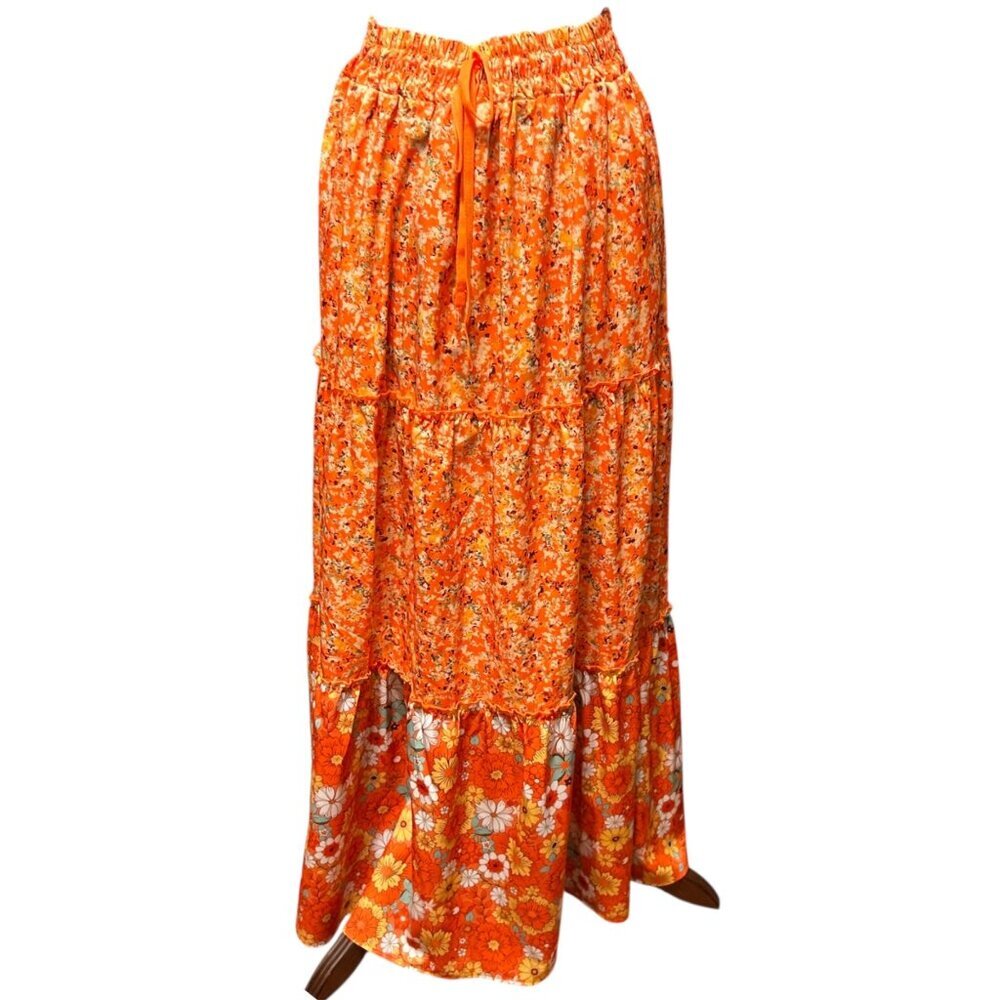 Vintage-Inspired Floral Tiered Maxi Skirt Orange Elastic Waist XL